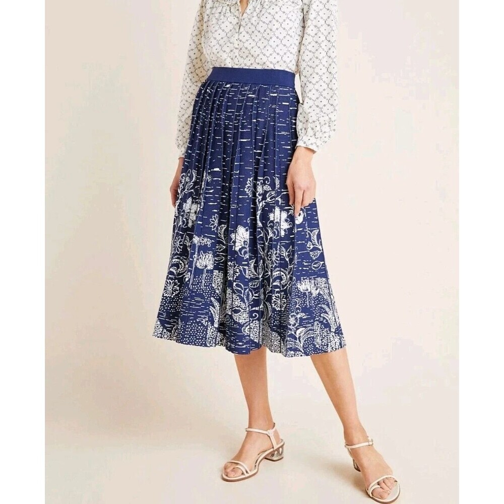 NWOT by Anthropologie Haven Pleated Knit Midi in Blue White Skirt XS